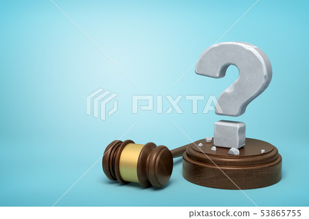 3d rendering of hefty stone question mark standing on sounding block with gavel beside on light-blue 53865755