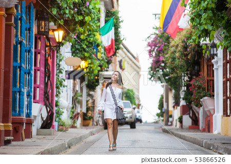 Woman walking at the walled city in Cartagena 53866526