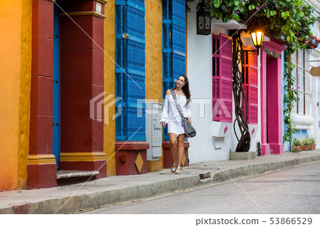 Woman walking at the walled city in Cartagena 53866529