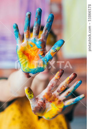 fun leisure artist hands blue yellow paint fun leisure artist hands blue yellow paint 53866578