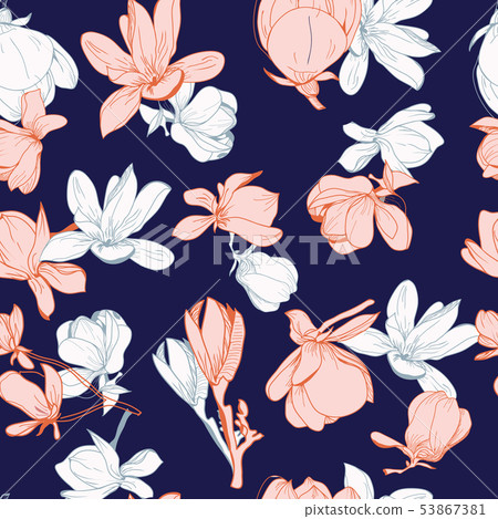 Hand drawn floral pattern of magnolia flowers and Hand drawn floral pattern of magnolia flowers and 53867381