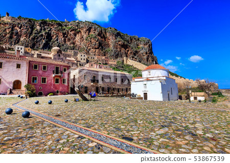 Monemvasia houses and church in Peloponnese, Greece 53867539