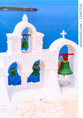 Sea and white bell tower, Santorini, Greece Sea and white bell tower, Santorini, Greece 53867558