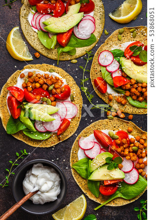 Vegan tacos with baked chickpeas, avocado 53868051
