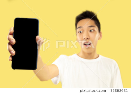 Korean young man's half-length portrait on yellow background Korean young man's half-length portrait on yellow background 53868681