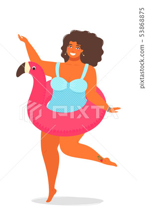 Summer background vector with a girl in a bathing suit with rubber ring for swimming. Cute vector Summer background vector with a girl in a bathing suit with rubber ring for swimming. Cute vector 53868875