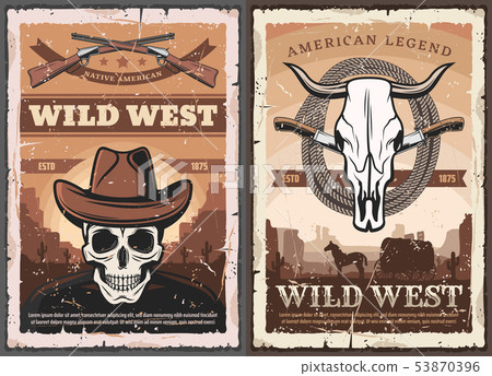 Wild West skull in cowboy hat, American Western Wild West skull in cowboy hat, American Western 53870396