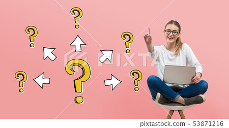 Big and small question marks with arrows with young woman Big and small question marks with arrows with young woman 53871216
