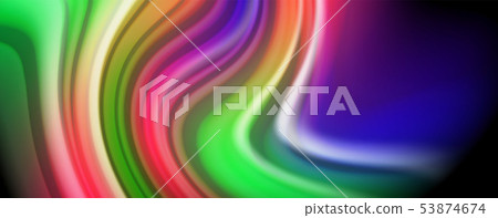 Modern rainbow liquid color flow colorful poster. Wave Liquid shape in black color background Modern rainbow liquid color flow colorful poster. Wave Liquid shape in black color background 53874674
