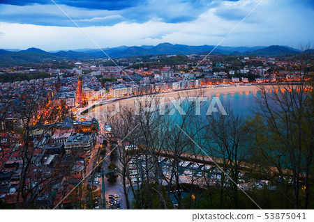 Above view of San Sebastian in evening Above view of San Sebastian in evening 53875041