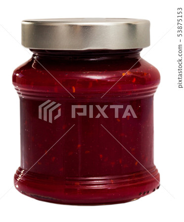 Closed glass jar of raspberry jam Closed glass jar of raspberry jam 53875153
