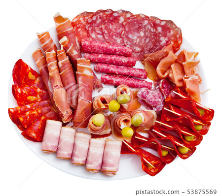 Spanish sausage sliced - chorizo, fuet, jamon, salami, bacon Spanish sausage sliced - chorizo, fuet, jamon, salami, bacon 53875569