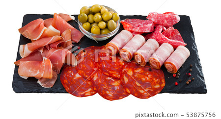 Spanish sausage sliced - chorizo, fuet, jamon, salami, bacon Spanish sausage sliced - chorizo, fuet, jamon, salami, bacon 53875756