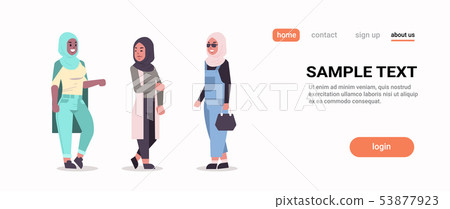 arabic women in hijab discussing arab girls wearing headscarf traditional clothes standing together 53877923