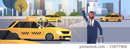 businessman catching taxi on street african amerian business man with luggage stopping yellow cab businessman catching taxi on street african amerian business man with luggage stopping yellow cab 53877968