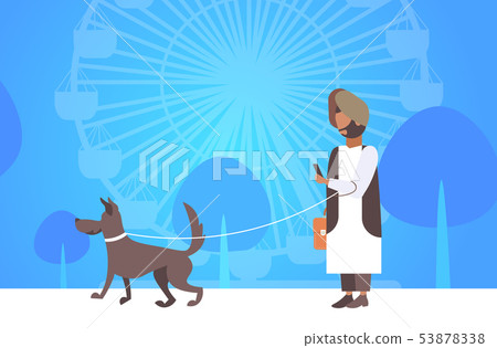 arabic man walking with dog arab character using smartphone male person having fun with his animal arabic man walking with dog arab character using smartphone male person having fun with his animal 53878338
