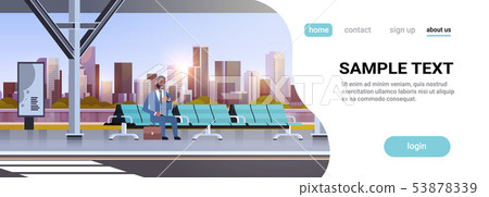 businessman sitting modern bus stop african american business man with suitcase waiting public businessman sitting modern bus stop african american business man with suitcase waiting public 53878339