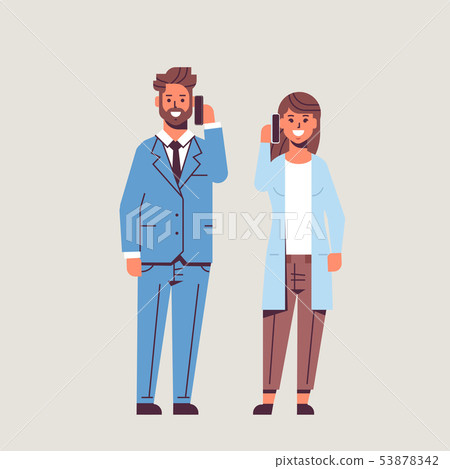 businesspeople couple using smartphones business man woman making calls talking on cellphone businesspeople couple using smartphones business man woman making calls talking on cellphone 53878342