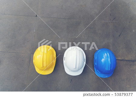 Safety helmet white yellow. Protection head safety 53879377