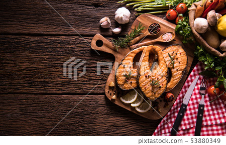 Grilled salmon fish with seasoning Grilled salmon fish with seasoning 53880349