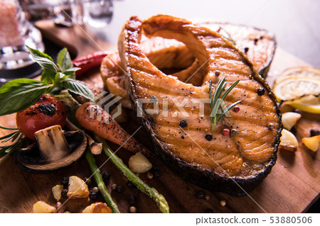 Grilled salmon fish with seasoning Grilled salmon fish with seasoning 53880506