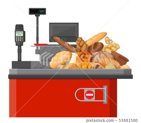 Bread products in checkout counter. 53881580