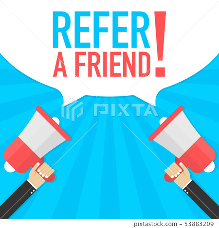 Male hand holding megaphone with refer a friend 53883209