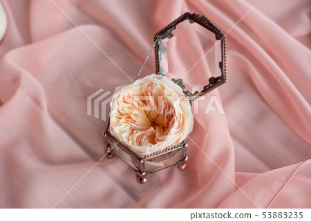 Wedding decor vintage glass square box with peony rose inside and wedding ring invitation card. Wedding decor vintage glass square box with peony rose inside and wedding ring invitation card. 53883235
