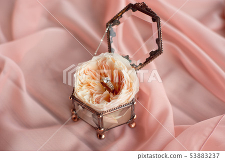 Wedding decor vintage glass square box with peony rose inside and wedding ring invitation card 53883237