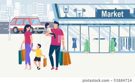 Happy Family Shopping. Father, Mother, Little Kids Happy Family Shopping. Father, Mother, Little Kids 53884714