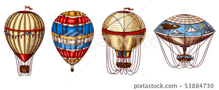 Retro hand drawing hot air balloon. Vintage hot air airship vector sketch  Stock Vector