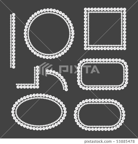 Set of pearl frames isolated on gray background. Vector borders and corners. White pearls. Set of pearl frames isolated on gray background. Vector borders and corners. White pearls. 53885478