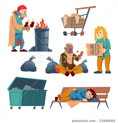 Homeless beggars cartoon vector characters set 53886669