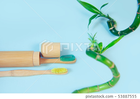 Flat lay composition with bamboo toothbrush and space for text 53887555