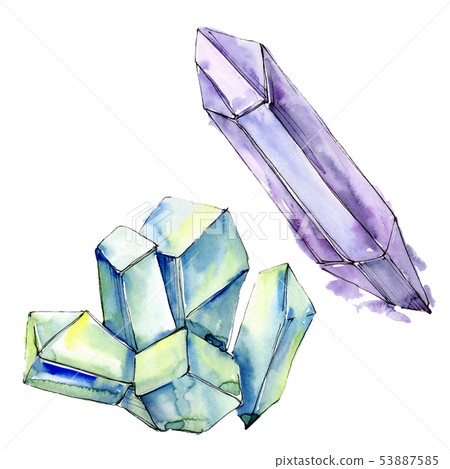 Colorful diamond rock jewelry minerals. Watercolor background set. Isolated crystals illustration 53887585