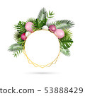 Festive frame with balloons and tropical leaves 53888429