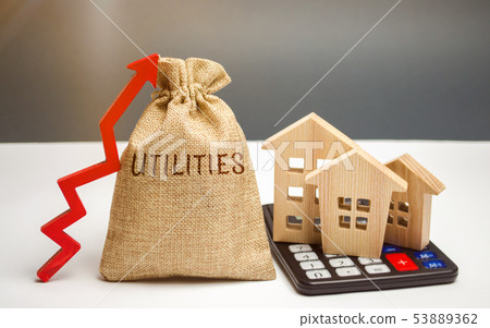 Money bag with the word Utilities and an up arrow 53889362