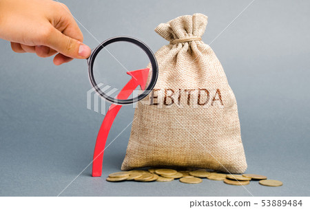 Money bag with the word Ebitda and up arrow. 53889484
