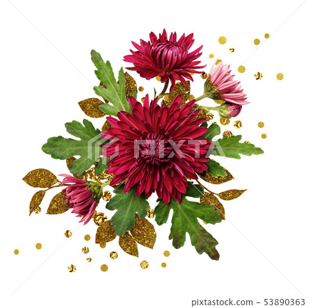 Aster flowers arrangement with golden textured Aster flowers arrangement with golden textured 53890363