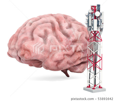 Mobile tower effect on human brain. 3D rendering 53891642