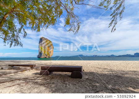 Beach chairs and palms on the beautiful beach 53892924