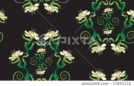 Lily seamless pattern, on black background in - Stock Illustration ...