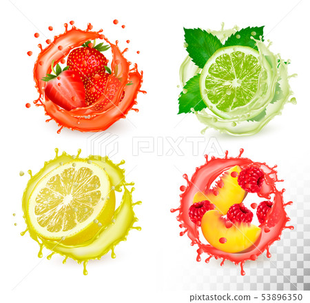 Set of fruit in juice splash. Strawberry, mint, Set of fruit in juice splash. Strawberry, mint, 53896350