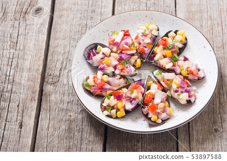 Traditional  Peruvian food background with mussels 53897588