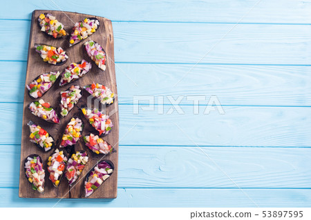 Traditional Peruvian food background with mussels Traditional Peruvian food background with mussels 53897595