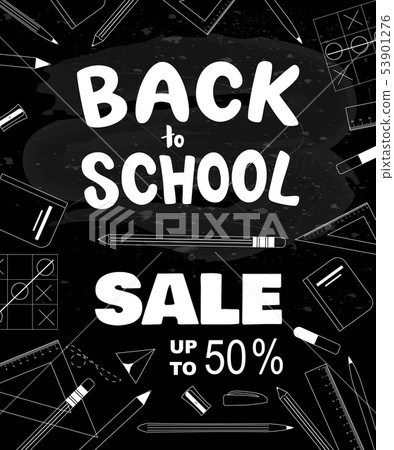 Back to school lettering, sale banner design with school supplies. 53901276