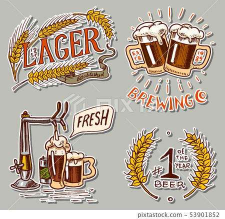 Bottle of beer in hand with the inscription Cheers toast. Opener, Rye and wheat. Vintage label with Bottle of beer in hand with the inscription Cheers toast. Opener, Rye and wheat. Vintage label with 53901852