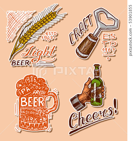 Bottle of beer in hand with the inscription Cheers toast. Opener, Rye and wheat. Vintage label with 53901855