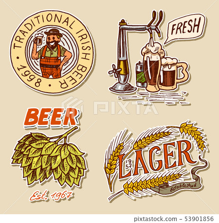 Retro Bavarian beer man, Green Hops , Rye and wheat, Cheers toast. Alcoholic Labels and stickers 53901856