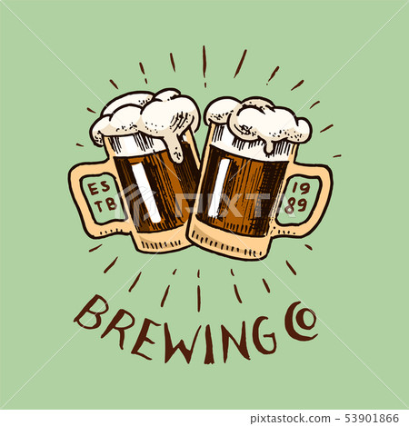 Cheers toast. Glass of beer in vintage style. Alcoholic Label with calligraphic elements. Classic Cheers toast. Glass of beer in vintage style. Alcoholic Label with calligraphic elements. Classic 53901866